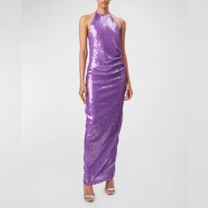 NWT Ronny Kobo Halo Sequined Open-Back Halter Gown